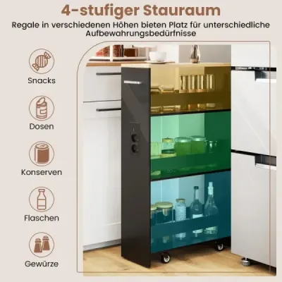 Úzký úložný vozík 20 cm s nabíjecí stanicí, kuchyňský vozík se 4 úrovněmi a rukojetí, černý