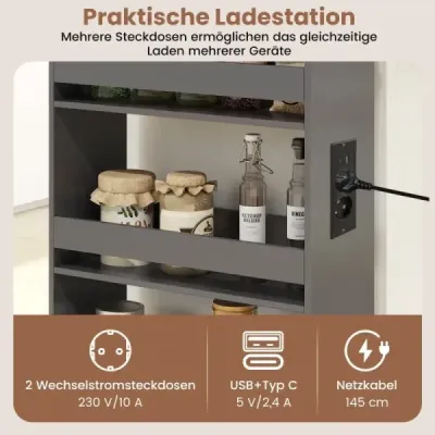 Úzký úložný vozík 20 cm s nabíjecí stanicí, kuchyňský vozík se 4 úrovněmi a rukojetí, šedý