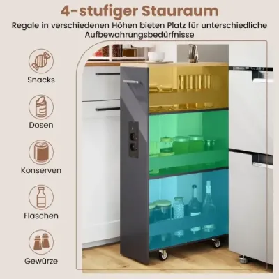 Úzký úložný vozík 20 cm s nabíjecí stanicí, kuchyňský vozík se 4 úrovněmi a rukojetí, šedý