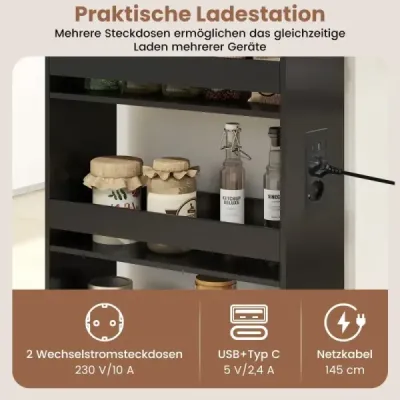 Úzký úložný vozík 20 cm s nabíjecí stanicí, kuchyňský vozík se 4 úrovněmi a rukojetí, černý + vintage hnědý