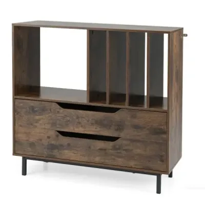 Stojan na gramofon se 4 přihrádkami na vinyly a 2 zásuvkami, retro držák na vinyly, rustikální hnědá