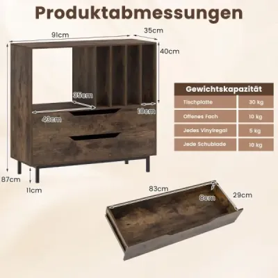 Stojan na gramofon se 4 přihrádkami na vinyly a 2 zásuvkami, retro držák na vinyly, rustikální hnědá