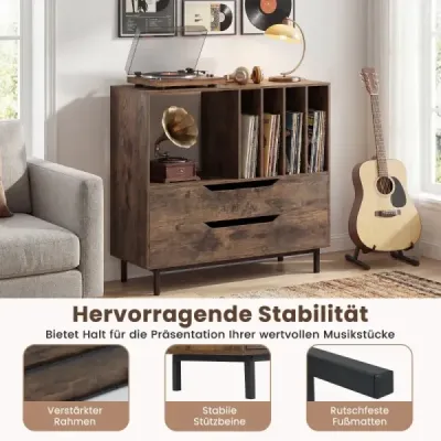 Stojan na gramofon se 4 přihrádkami na vinyly a 2 zásuvkami, retro držák na vinyly, rustikální hnědá