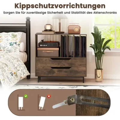 Stojan na gramofon se 4 přihrádkami na vinyly a 2 zásuvkami, retro držák na vinyly, rustikální hnědá