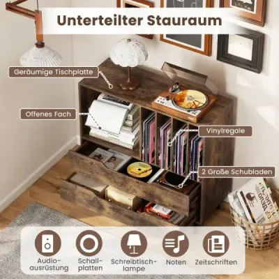 Stojan na gramofon se 4 přihrádkami na vinyly a 2 zásuvkami, retro držák na vinyly, rustikální hnědá
