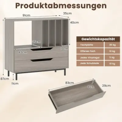 Stojan na gramofon se 4 přihrádkami na vinyly a 2 zásuvkami, retro držák na vinyly, šedý