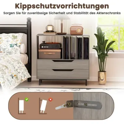 Stojan na gramofon se 4 přihrádkami na vinyly a 2 zásuvkami, retro držák na vinyly, šedý