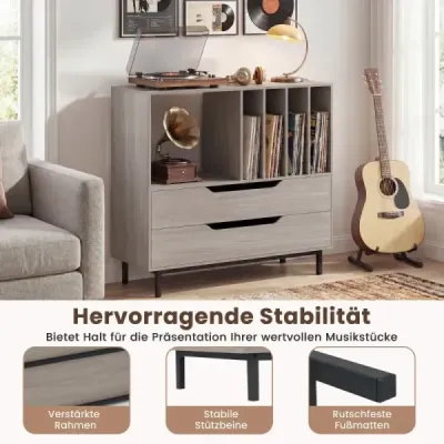 Stojan na gramofon se 4 přihrádkami na vinyly a 2 zásuvkami, retro držák na vinyly, šedý