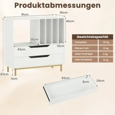 Stojan na gramofon se 4 přihrádkami na vinyly a 2 zásuvkami, retro držák na vinyly, bílý