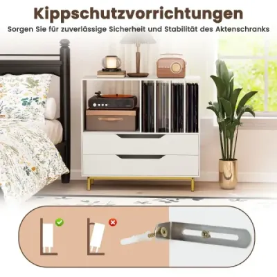 Stojan na gramofon se 4 přihrádkami na vinyly a 2 zásuvkami, retro držák na vinyly, bílý