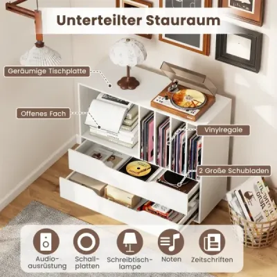 Stojan na gramofon se 4 přihrádkami na vinyly a 2 zásuvkami, retro držák na vinyly, bílý