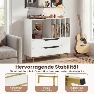 Stojan na gramofon se 4 přihrádkami na vinyly a 2 zásuvkami, retro držák na vinyly, bílý