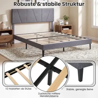 Rám manželské postele 160 x 200 cm s výškově nastavitelným geometrickým čelem, tmavě šedý.