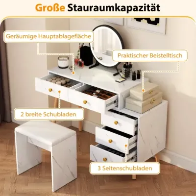 Toaletní stolek s osvětlením, toaletní stolek s odnímatelným zrcadlem, 3 režimy osvětlení, 5 zásuvek, bílý