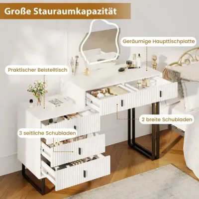 Toaletní stolek se zrcadlem a osvětlením, kosmetický stolek se 3 režimy osvětlení, nastavitelný jas, bílý