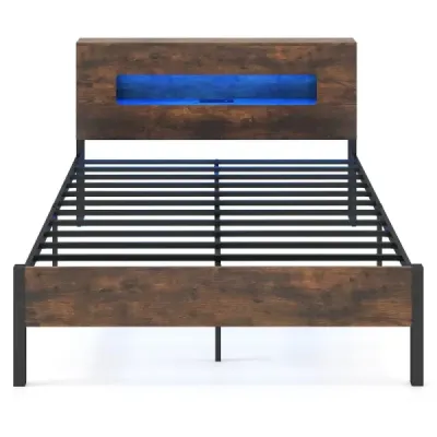 Rám postele s LED osvětlením, industriální postel s úložným čelem, 200 x 140 cm, rustikálně hnědá