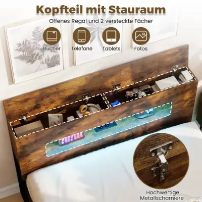 Rám postele s LED osvětlením, industriální postel s úložným čelem, 200 x 140 cm, rustikálně hnědá