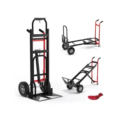 Kovový ruční vozík 3 v 1, konvertibilní, se 4 gumovými pneumatikami, maximální nosnost 450 kg, černý + červený