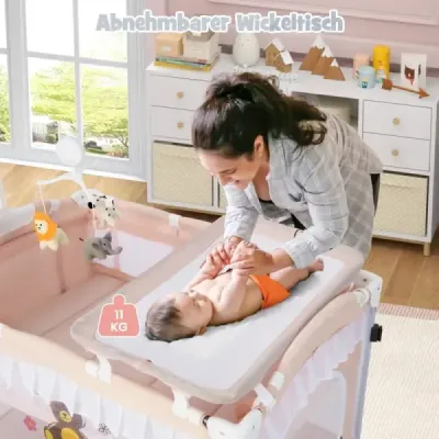 Dětská postýlka 4 v 1 s odnímatelným nebesem, cestovní postýlka s matrací, boční postel s kolečky, růžová