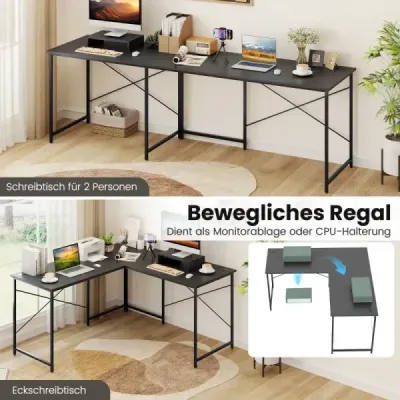 Oboustranný rohový stůl ve tvaru L s nabíjecí stanicí, počítačový stůl, kancelářský stůl, šedý