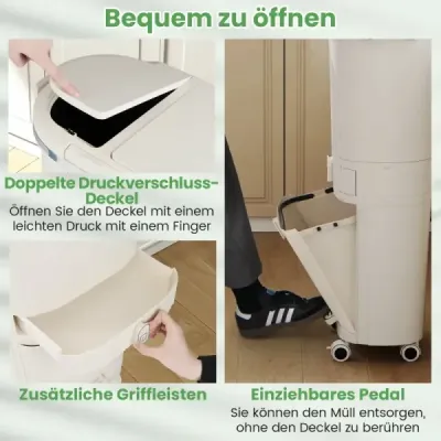 Kuchyňský koš o objemu 42 l s víkem, třípatrový třídicí koš se 2 vyjímatelnými přihrádkami, béžový