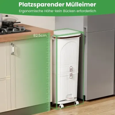 Kuchyňský koš na odpadky o objemu 42 l s víkem, třípatrový třídicí koš se 2 vyjímatelnými nádobami, bílý