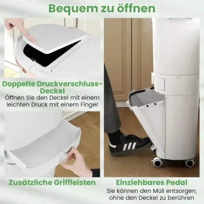 Kuchyňský koš na odpadky o objemu 42 l s víkem, třípatrový třídicí koš se 2 vyjímatelnými nádobami, bílý