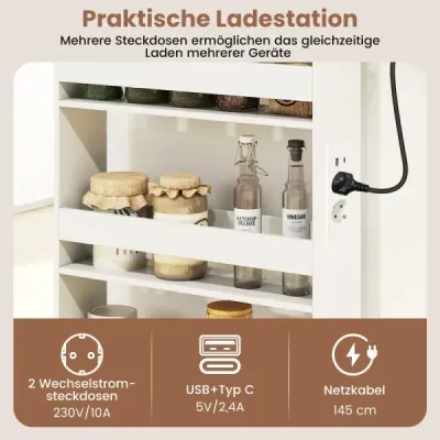 13cm úzký úložný vozík s nabíjecí stanicí, 4patrový kuchyňský vozík s rukojetí, rustikálně hnědý