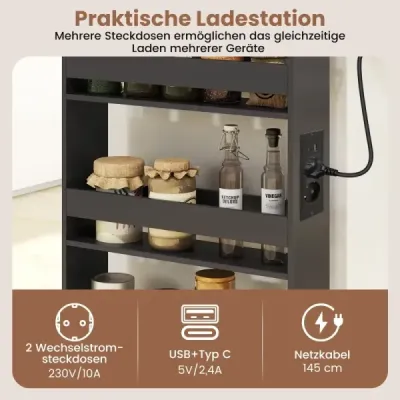 Úzký úložný vozík 13 cm s nabíjecí stanicí, kuchyňský vozík se 4 úrovněmi a rukojetí, šedý