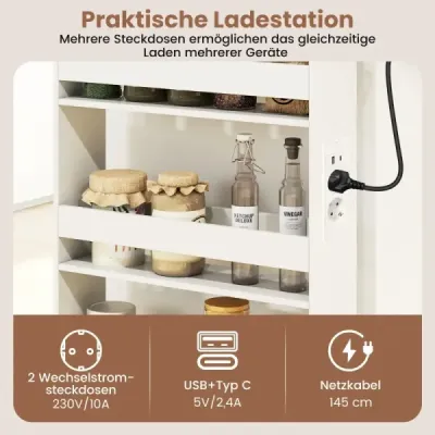 13cm úzký úložný vozík s nabíjecí stanicí, 4patrový kuchyňský vozík s rukojetí, přírodní + bílá