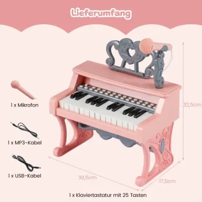 Mini klávesnice s 25 klávesami, notovým stojanem a mikrofonem - dětské elektrické piano, růžové