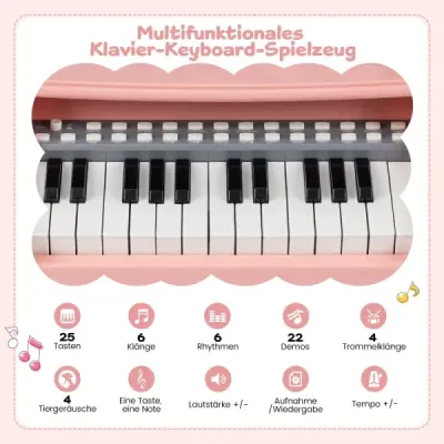 Mini klávesnice s 25 klávesami, notovým stojanem a mikrofonem - dětské elektrické piano, růžové