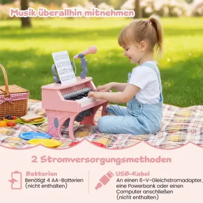 Mini klávesnice s 25 klávesami, notovým stojanem a mikrofonem - dětské elektrické piano, růžové
