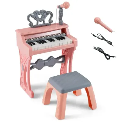 Mini klávesy se stoličkou, notovým stojanem a mikrofonem, 25 kláves, elektrické piano, růžové