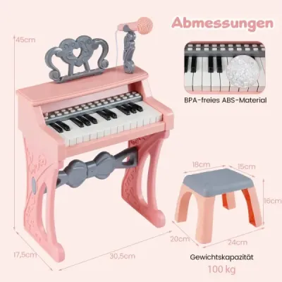 Mini klávesy se stoličkou, notovým stojanem a mikrofonem, 25 kláves, elektrické piano, růžové