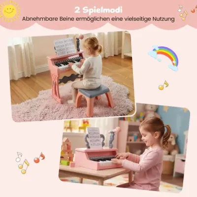 Mini klávesy se stoličkou, notovým stojanem a mikrofonem, 25 kláves, elektrické piano, růžové