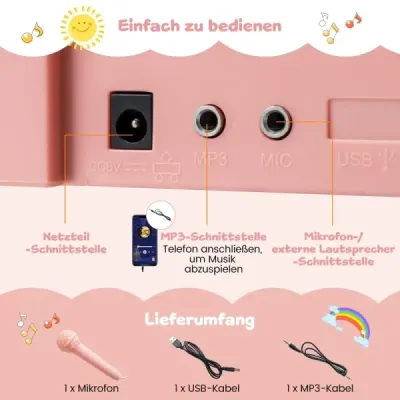 Mini klávesy se stoličkou, notovým stojanem a mikrofonem, 25 kláves, elektrické piano, růžové