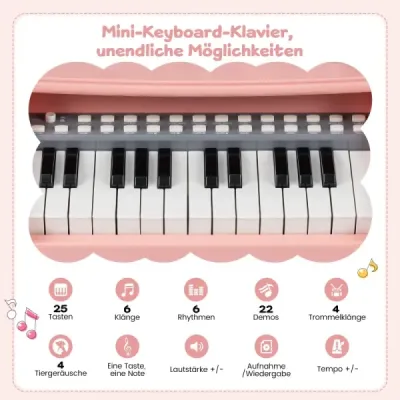 Mini klávesy se stoličkou, notovým stojanem a mikrofonem, 25 kláves, elektrické piano, růžové