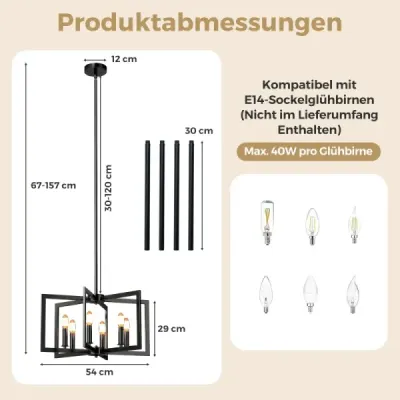 Lustr se 6 světly, stropní svítidlo v industriálním stylu, závěsné svítidlo s nastavitelnou výškou 67-157 cm, černý
