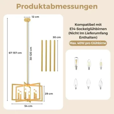 Lustr se 6 světly, stropní svítidlo v industriálním stylu, závěsné svítidlo s nastavitelnou výškou 67-157 cm, zlatý