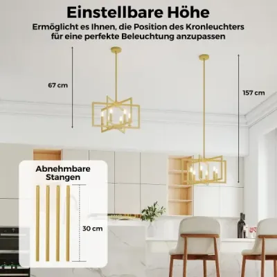 Lustr se 6 světly, stropní svítidlo v industriálním stylu, závěsné svítidlo s nastavitelnou výškou 67-157 cm, zlatý
