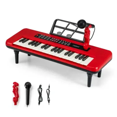 37klávesové elektronické piano s mikrofonem, notovým stojanem a odnímatelnými nohami, digitální piano, červené