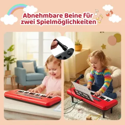 37klávesové elektronické piano s mikrofonem, notovým stojanem a odnímatelnými nohami, digitální piano, červené