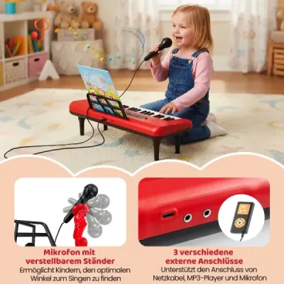 37klávesové elektronické piano s mikrofonem, notovým stojanem a odnímatelnými nohami, digitální piano, červené