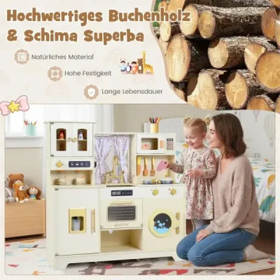 Dětská kuchyňka na hraní, kuchyňka na hraní s varnou deskou, kohoutkem, dřezem, kávovarem, béžová