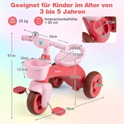 Dětské odrážedlo s tříkolkou a omezeným řízením, zvonkem a ergonomickým sedadlem, hračka pro batolata, růžová