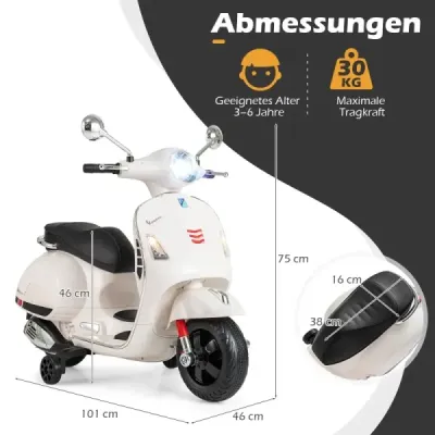 VESPA dětská motorka s LED světlomety a klaksonem elektrická dětská motorka elektrické vozidlo bílá