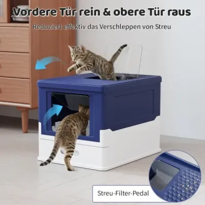 Skládací kočičí toaleta s víkem, výsuvnou miskou a předním vstupem, modrá