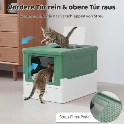 Skládací kočičí toaleta s víkem, výsuvnou miskou a předním vstupem, zelená