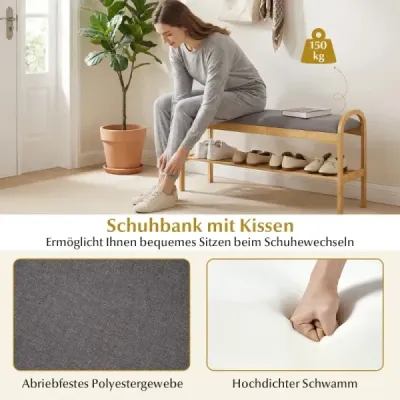 Botník se sedákem, dvoupatrová lavice s čalouněným polštářem a bambusovým rámem, botník